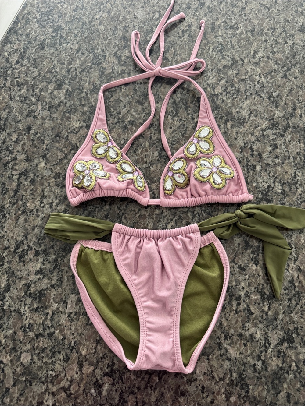 VIX Pink & Olive Floral Embroidered Triangle Bikini - NWOT